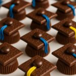 Chocolate Graduation Cap Cookies with colorful candy tassels, arranged on a white plate.
