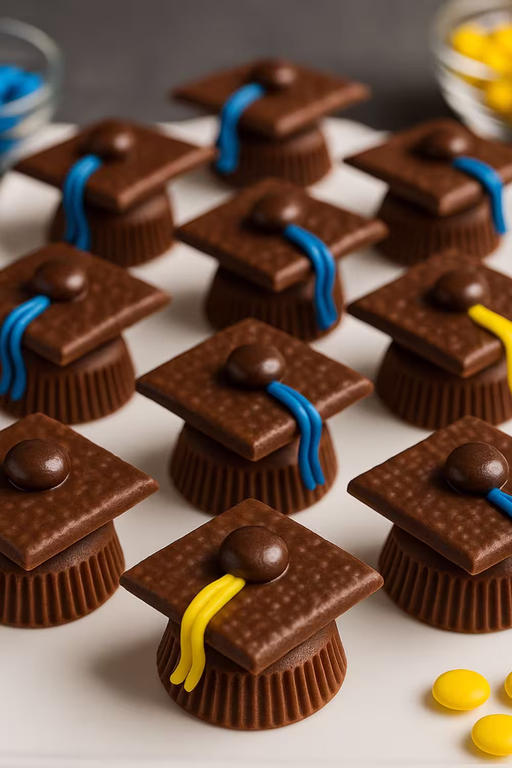 Chocolate Graduation Cap Cookies with colorful candy tassels, arranged on a white plate.