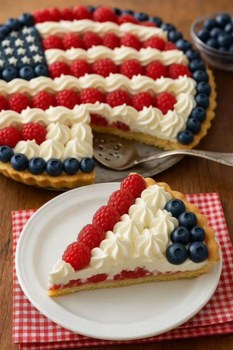 American Flag Fruit Pizza decorated with fresh raspberries, blueberries, and whipped cream in a patriotic pattern.