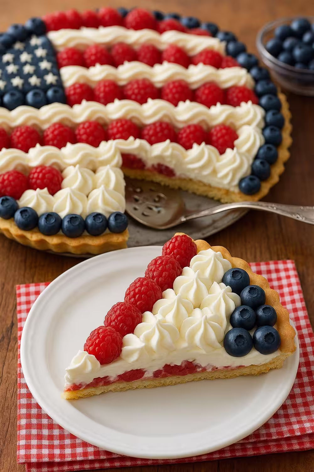 American Flag Fruit Pizza decorated with fresh raspberries, blueberries, and whipped cream in a patriotic pattern.