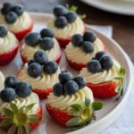 Red, White & Blue Strawberry Cheesecake Bites topped with fresh blueberries, arranged on a white plate.