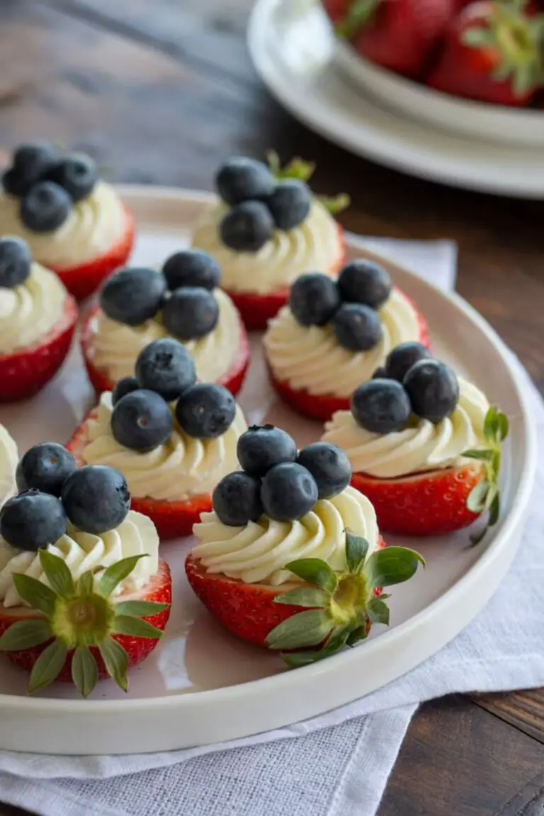 Red, White & Blue Strawberry Cheesecake Bites topped with fresh blueberries, arranged on a white plate.