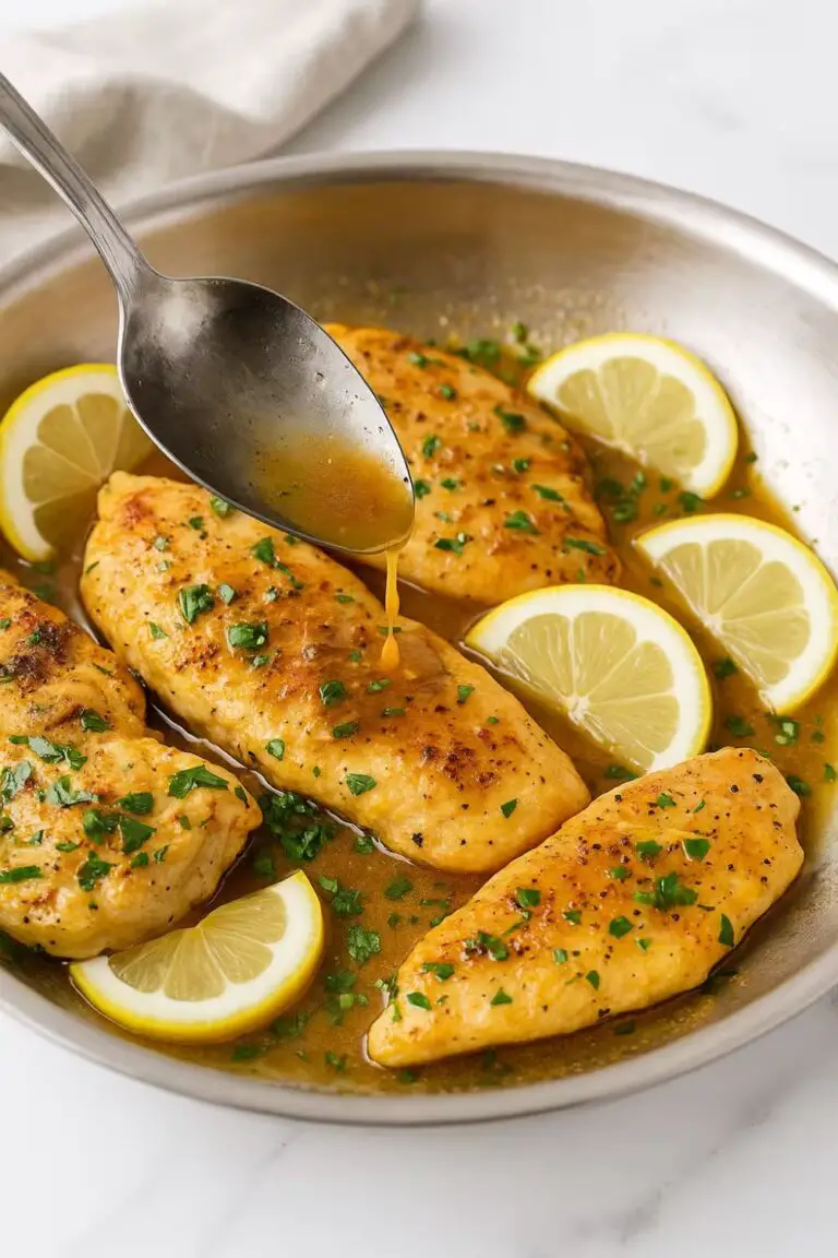 Lemon pepper chicken breast fillets in a skillet with lemon slices and fresh parsley.