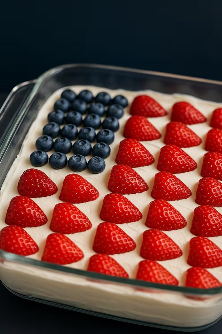 No-Bake Cheesecake Flag Cake topped with fresh strawberries and blueberries, arranged to resemble the American flag.