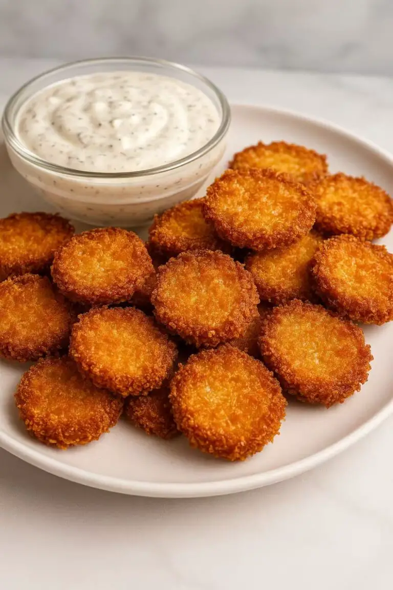 A plate of crispy air fryer fried pickles served with a side of creamy ranch dipping sauce.