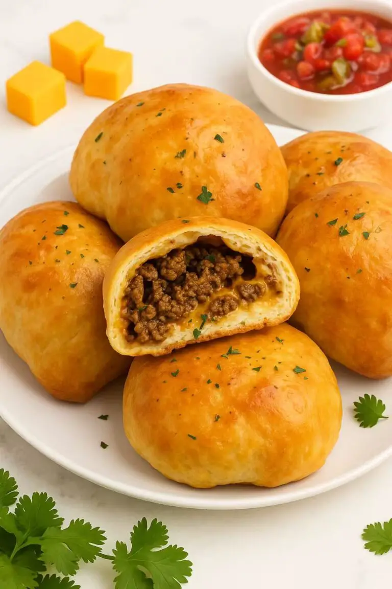 A plate of golden-brown air fryer taco bombs stuffed with seasoned ground beef and cheese, served with a side of salsa.