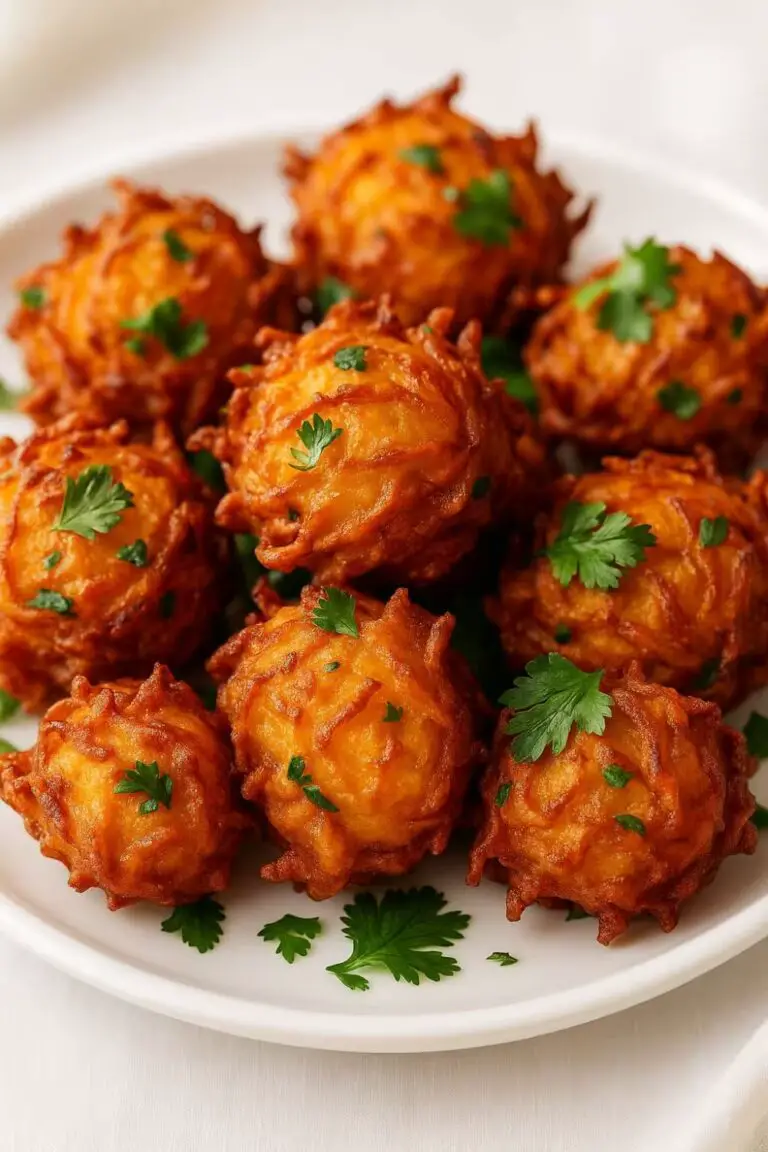 Crispy golden air-fryer onion bhajis garnished with fresh cilantro, served on a white plate.