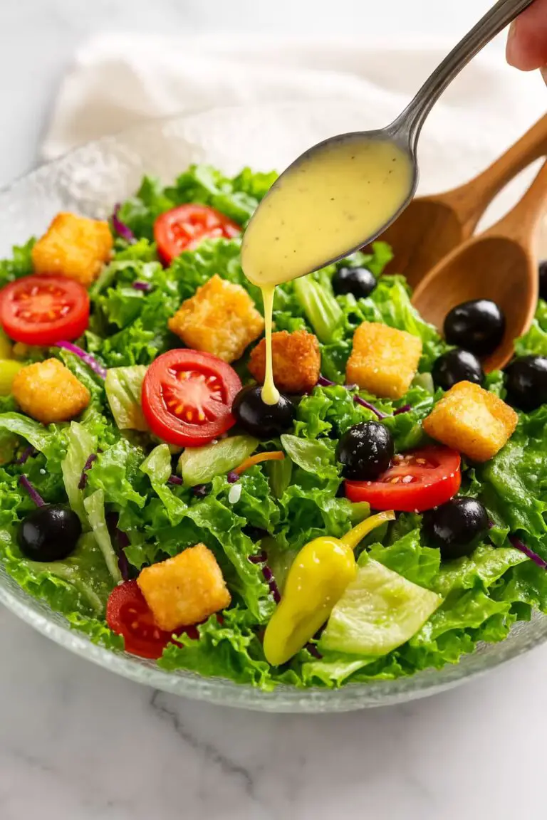 A vibrant Olive Garden Salad with fresh lettuce, cherry tomatoes, black olives, crunchy croutons, and pepperoncini peppers, drizzled with creamy Italian dressing.