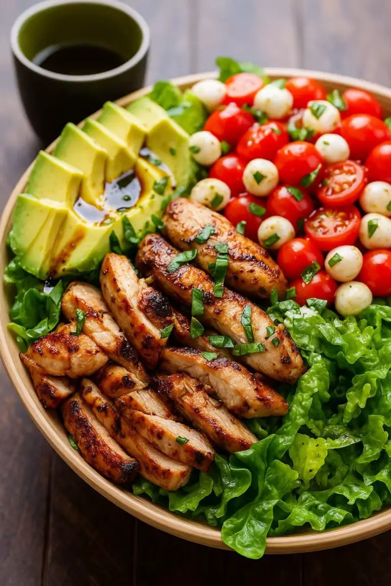 Grilled chicken slices served on a bed of fresh lettuce with avocado slices, cherry tomatoes, mozzarella balls, and a drizzle of balsamic glaze.