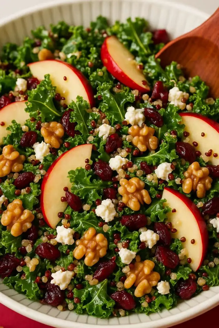 A vibrant salad made with fresh Honeycrisp apples, kale, quinoa, crumbled feta cheese, dried cranberries, and toasted walnuts, served in a rustic bowl.