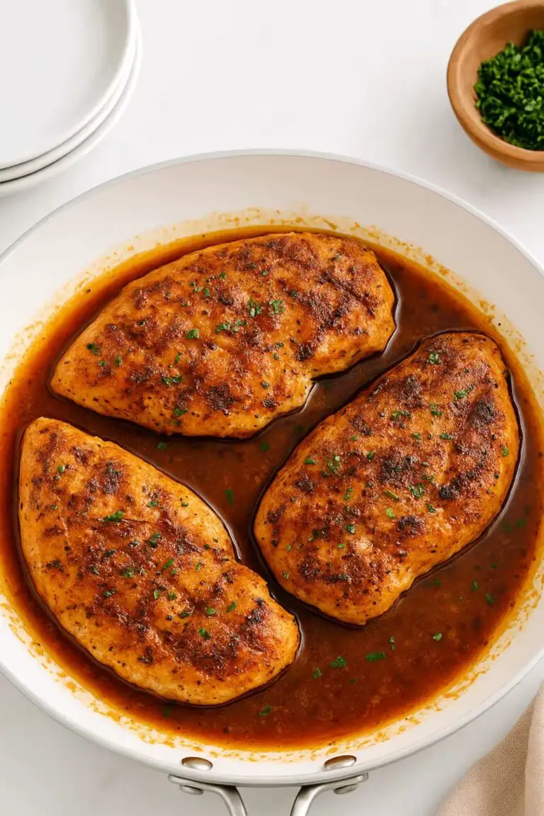 Seared chicken breasts glazed in honey garlic sauce in a white skillet.