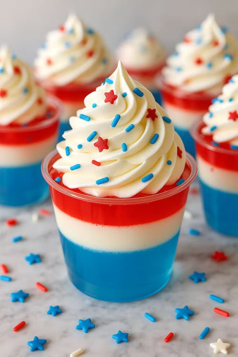Festive 4th of July Jello Shots layered with blue, white, and red jello, topped with creamy whipped topping and patriotic sprinkles.