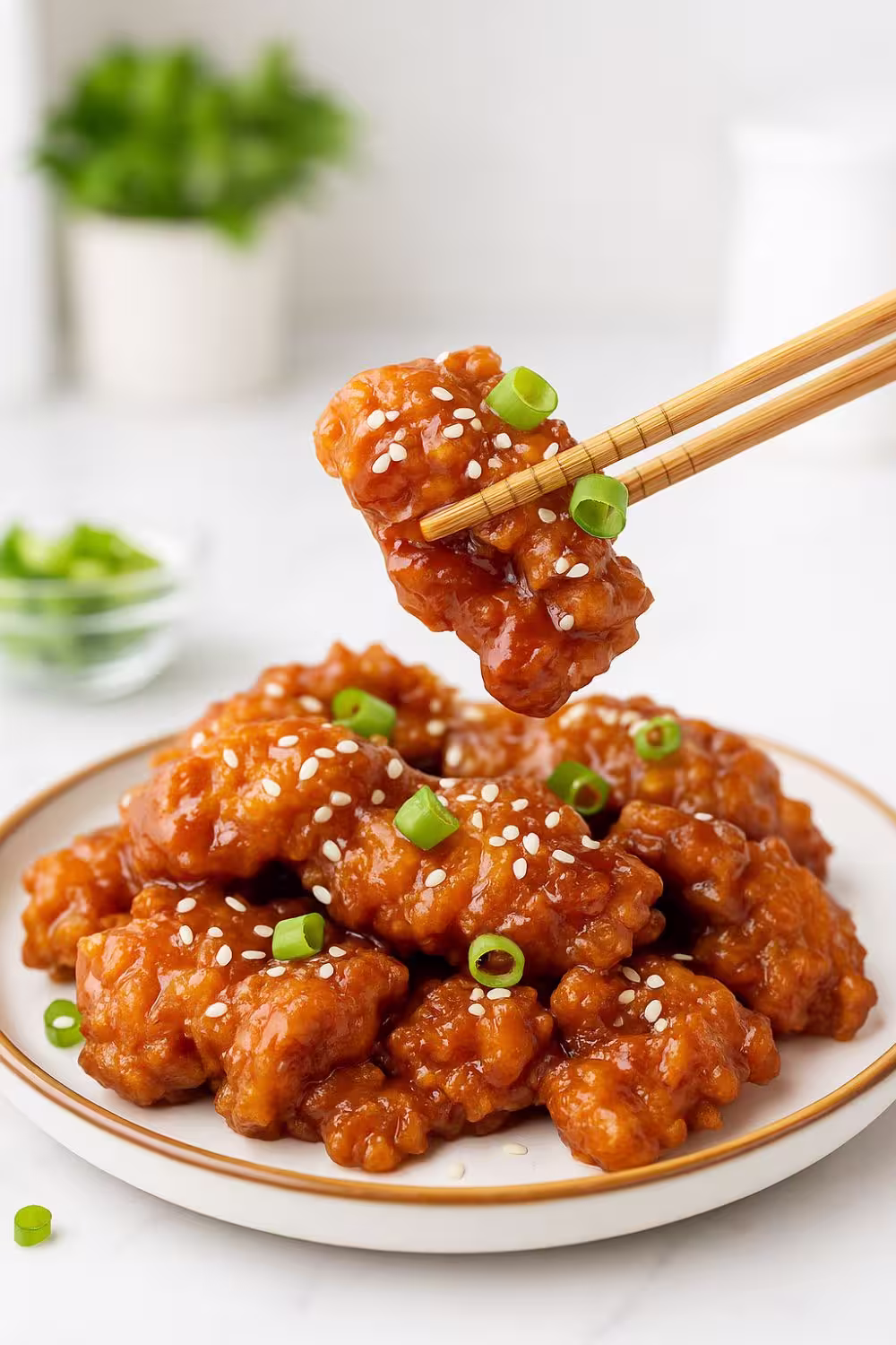 Chopsticks holding a piece of crispy Chinese honey chicken garnished with sesame seeds and scallions.