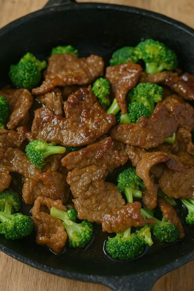 Keto Low Carb Beef and Broccoli stir-fry in a cast-iron skillet, featuring tender beef slices and vibrant broccoli florets coated in a savory, glossy sauce.