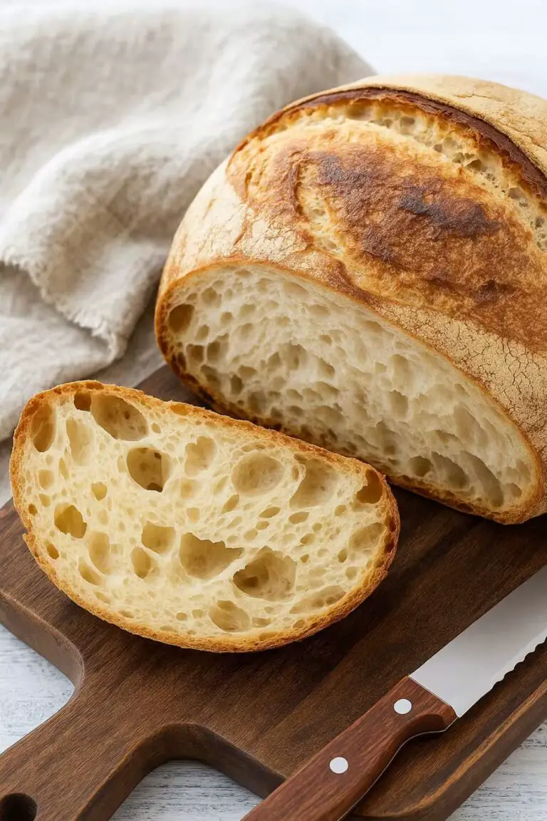 Crusty artisan-style rustic bread loaf with a slice cut open, revealing its airy crumb on a wooden cutting board.
