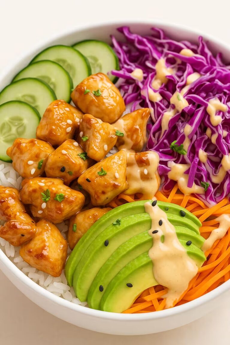Bang Bang Chicken Bowl featuring tender chicken bites drizzled with a creamy, spicy sauce, accompanied by fresh avocado, red cabbage, sliced cucumbers, and carrots on a bed of rice.