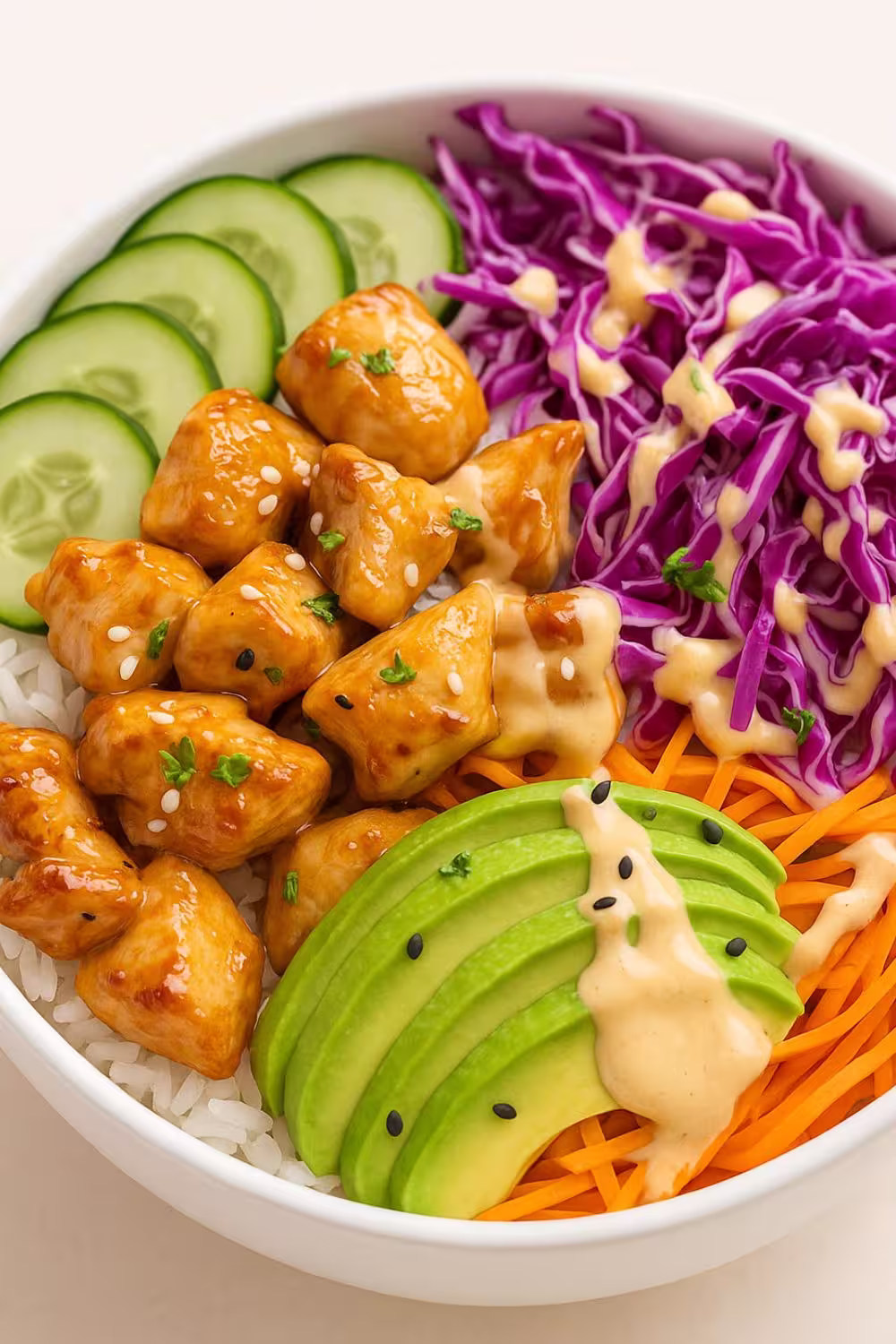 Bang Bang Chicken Bowl featuring tender chicken bites drizzled with a creamy, spicy sauce, accompanied by fresh avocado, red cabbage, sliced cucumbers, and carrots on a bed of rice.