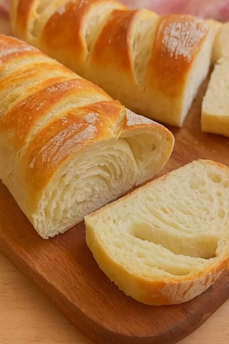Close-up of freshly baked fluffy French bread with a soft, airy interior and golden crust, sliced on a wooden board.