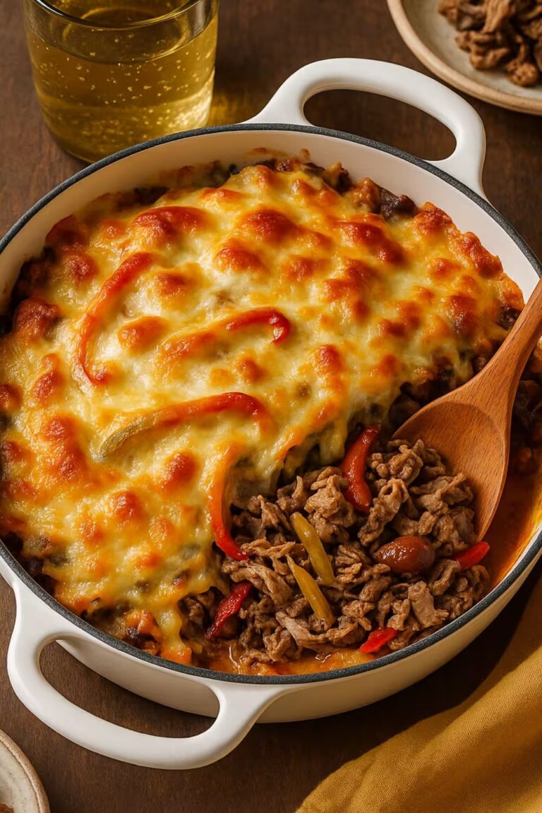 Keto Philly Cheesesteak Casserole with melted cheese, tender beef, bell peppers, and onions baked to perfection in a white skillet.