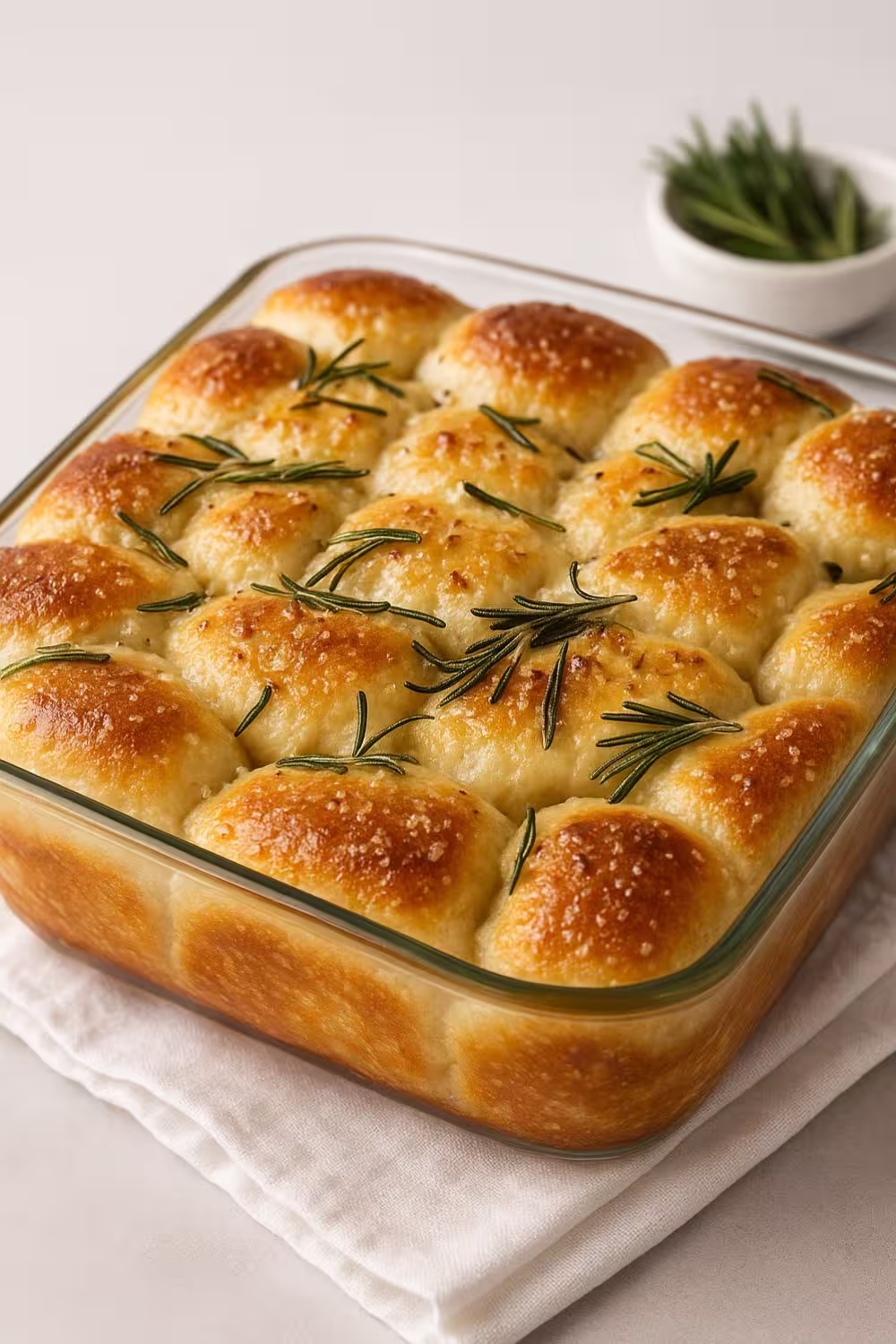 Golden rosemary focaccia bread baked in a glass dish, topped with sea salt and fresh herbs.