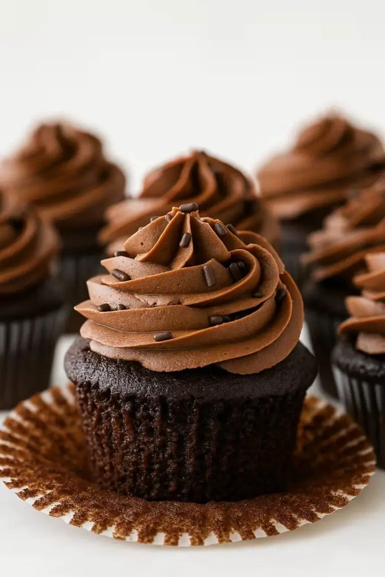 Close-up of a moist chocolate cupcake with rich chocolate frosting and chocolate sprinkles.
