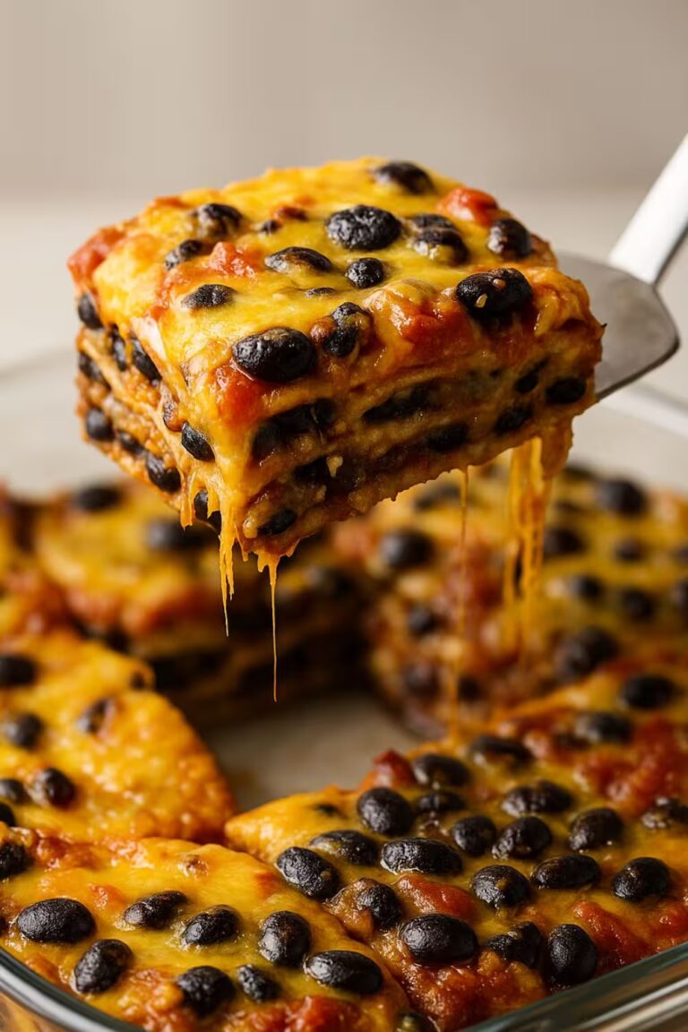 Southwestern Black Bean Casserole with layers of black beans, cheese, and savory sauce in a glass baking dish.