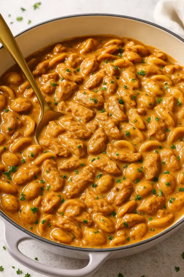 Creamy one-pot French onion pasta with caramelized onions and parsley in a white Dutch oven.