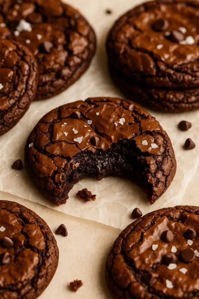 Close-up of a fudgy chewy brookie cookie with a gooey center and flaky top, sprinkled with sea salt.