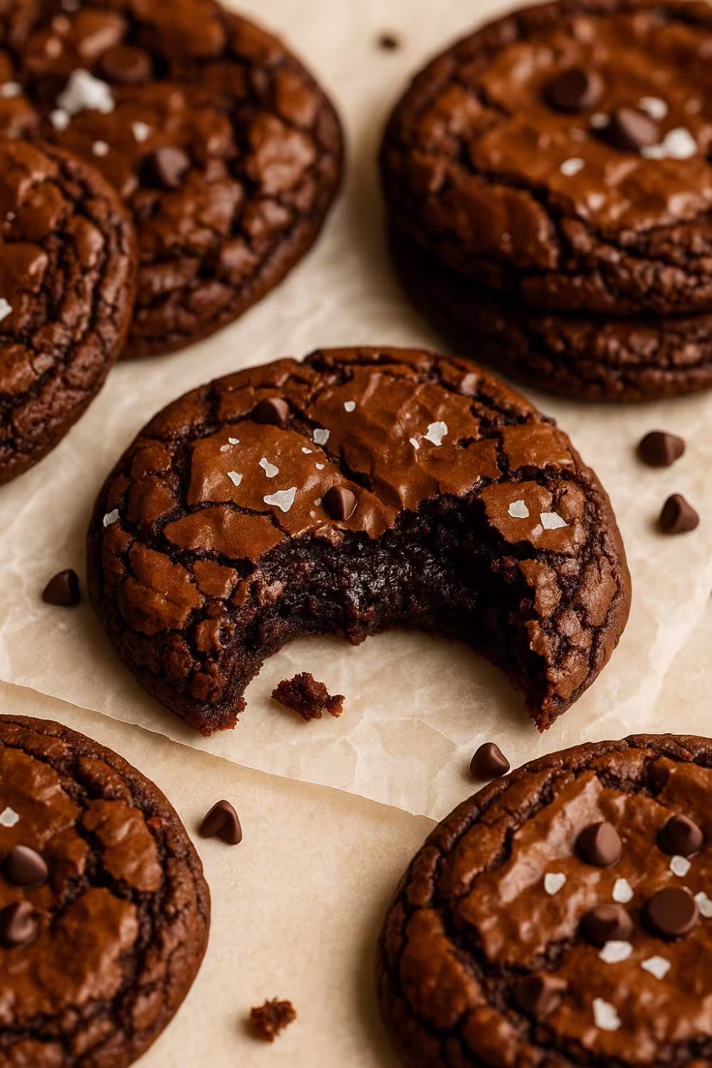Close-up of a fudgy chewy brookie cookie with a gooey center and flaky top, sprinkled with sea salt.