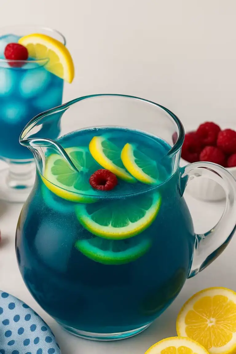 A refreshing pitcher of vibrant blue raspberry lemonade, garnished with fresh lemon slices and raspberries, served with a glass of ice-cold lemonade.