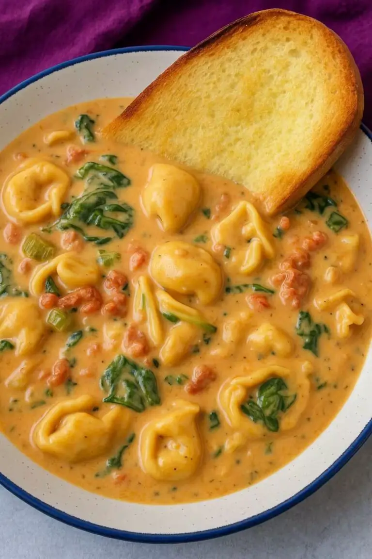 Creamy Marry Me Chicken Soup with pasta shells, spinach, and sun-dried tomatoes, served with toasted bread.