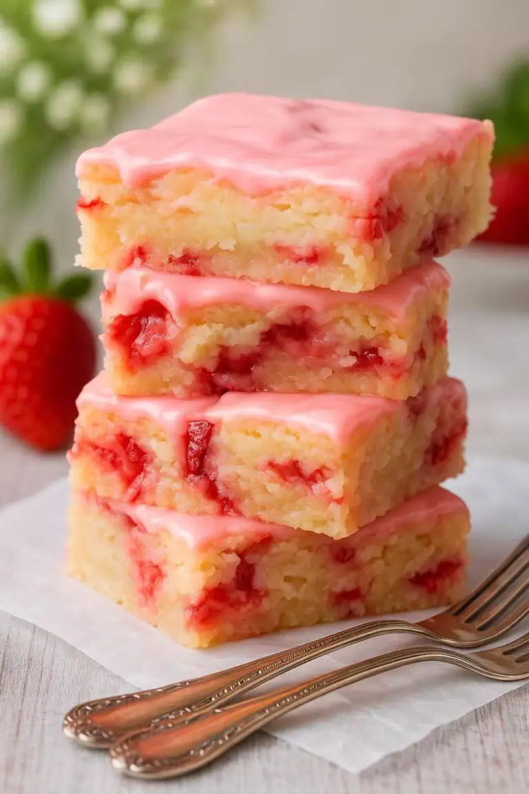 Stack of moist strawberry lemon blondies topped with pink glaze, sitting next to forks.