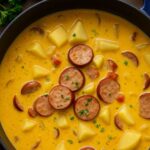 Hearty Cajun Potato Soup with sausage slices and tender potato chunks in a creamy spiced broth.