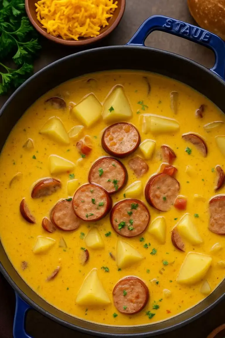Hearty Cajun Potato Soup with sausage slices and tender potato chunks in a creamy spiced broth.