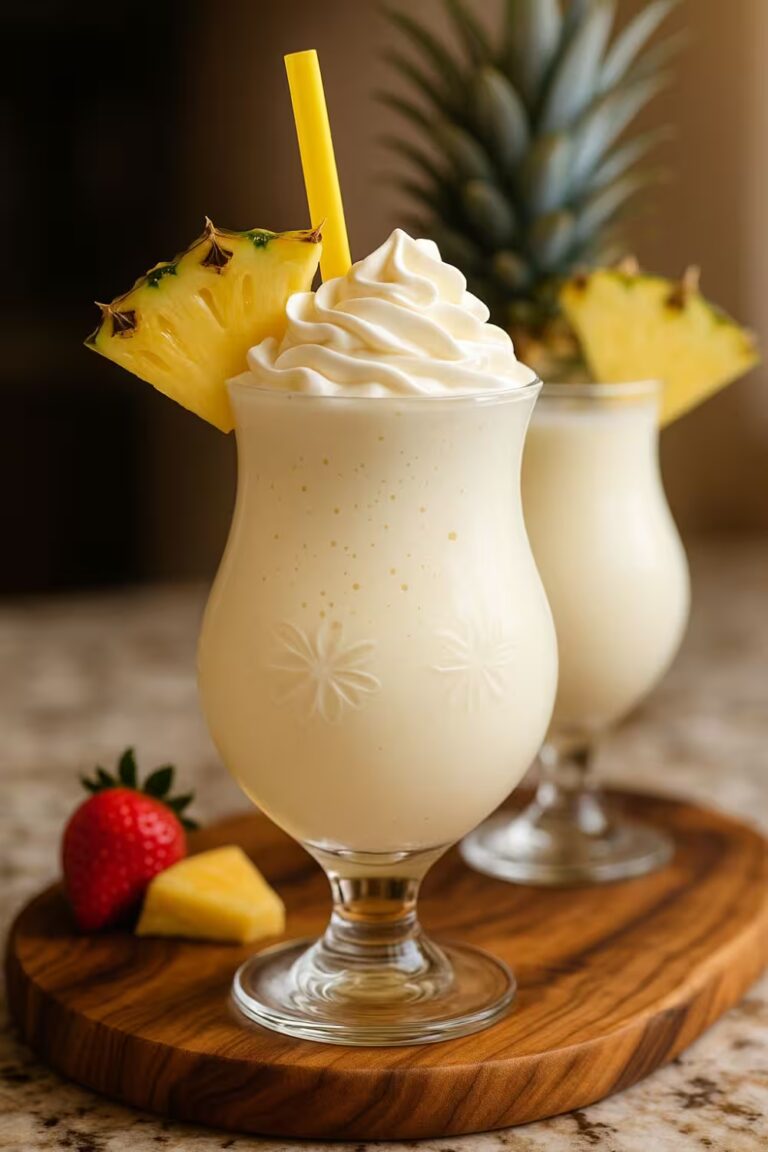 A creamy Pina Colada Milkshake topped with whipped cream, garnished with a fresh pineapple slice, served in a decorative glass with a yellow straw.