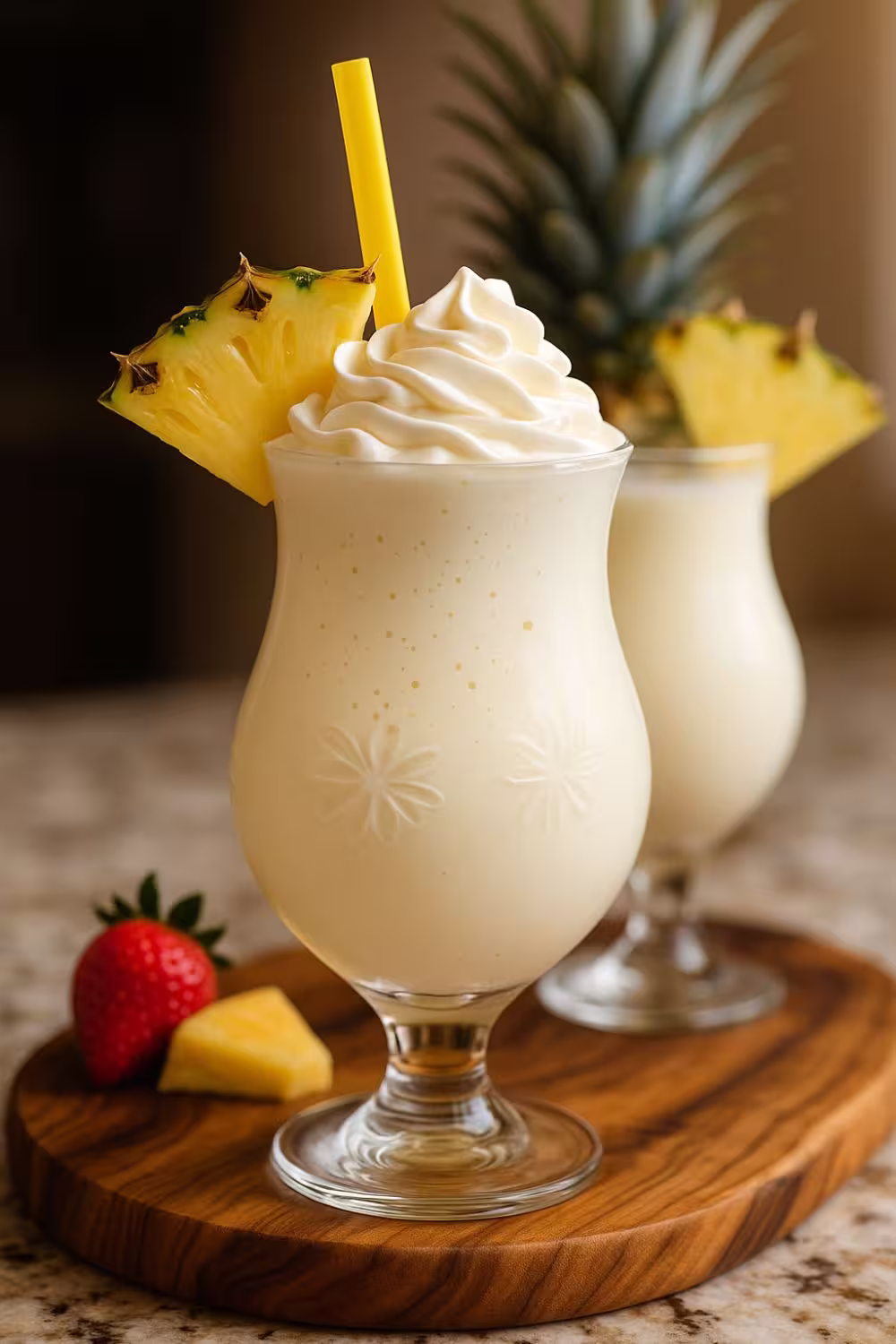 A creamy Pina Colada Milkshake topped with whipped cream, garnished with a fresh pineapple slice, served in a decorative glass with a yellow straw.