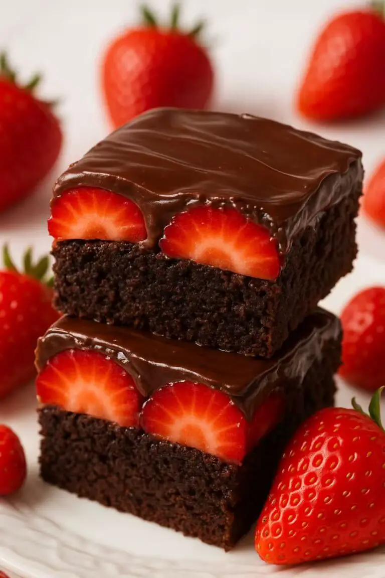 Rich chocolate brownies topped with fresh strawberries and glossy chocolate ganache.
