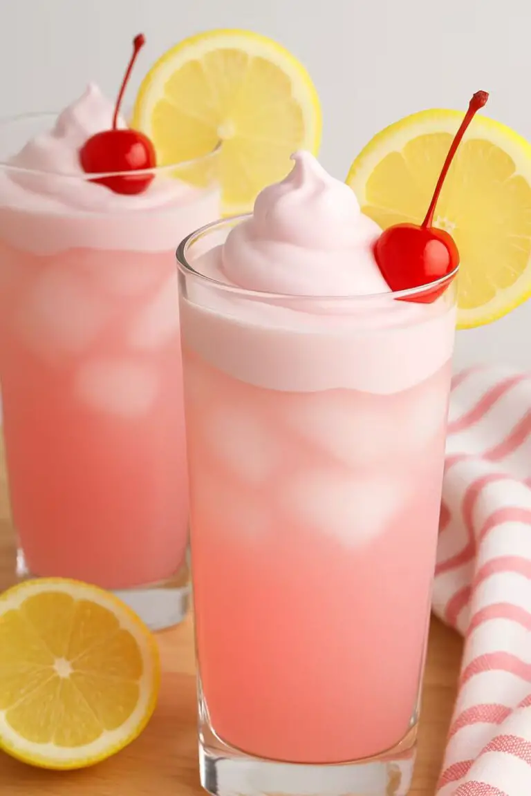 A tall glass of whipped pink lemonade topped with a swirl of creamy foam, garnished with a maraschino cherry and a slice of lemon.