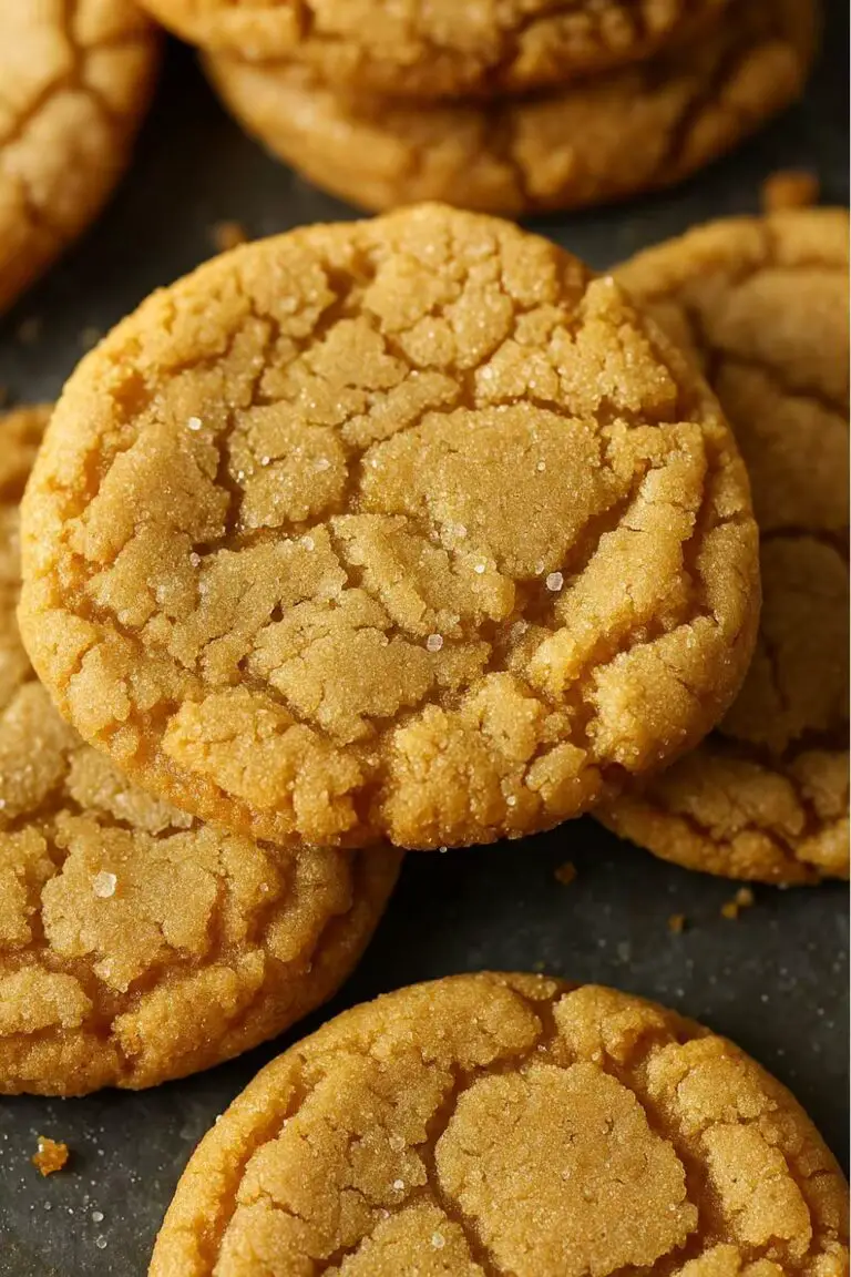 Close-up of chewy brown sugar cookies with crackled tops and a light sugar coating.