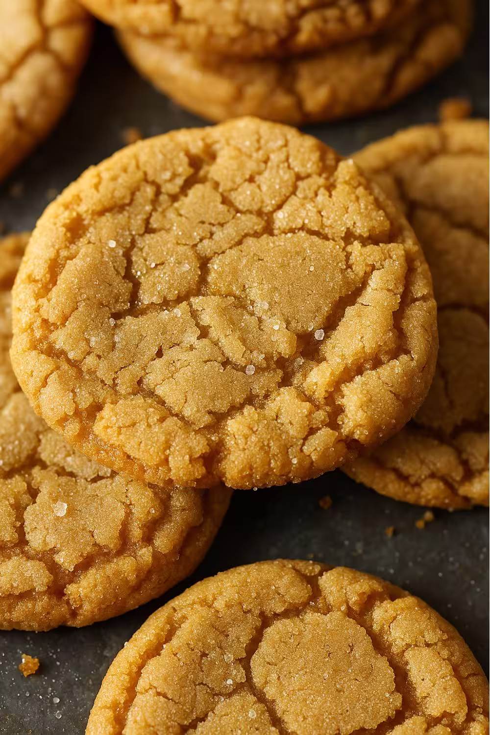 Close-up of chewy brown sugar cookies with crackled tops and a light sugar coating.