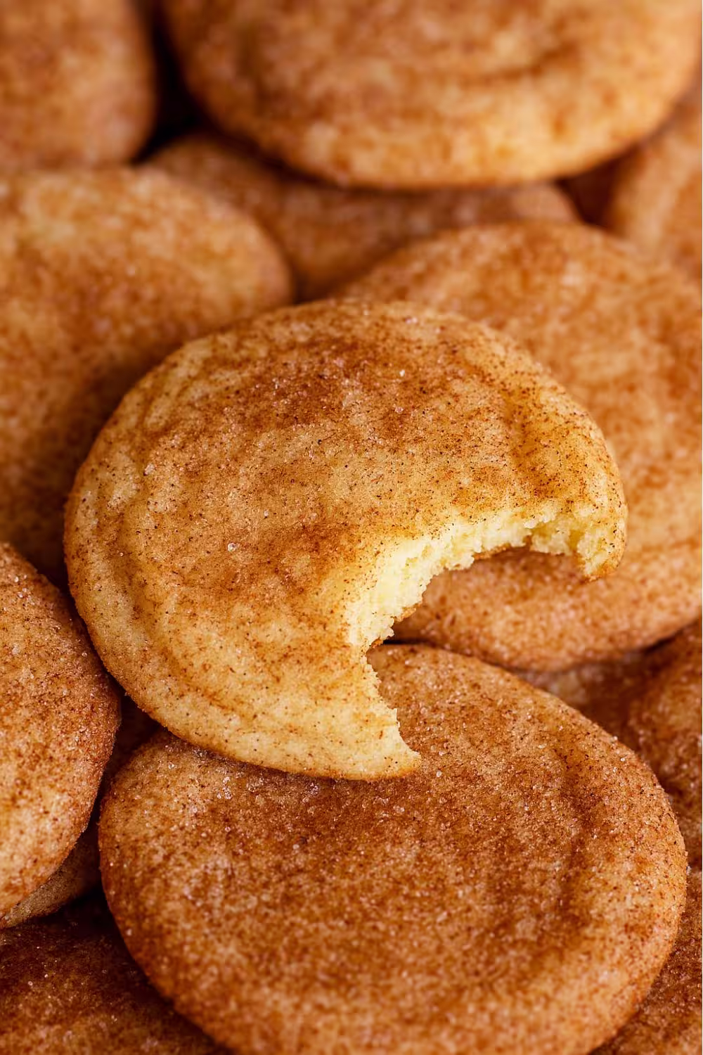 Close-up of chewy snickerdoodle cookies coated in cinnamon sugar, with one cookie partially eaten.