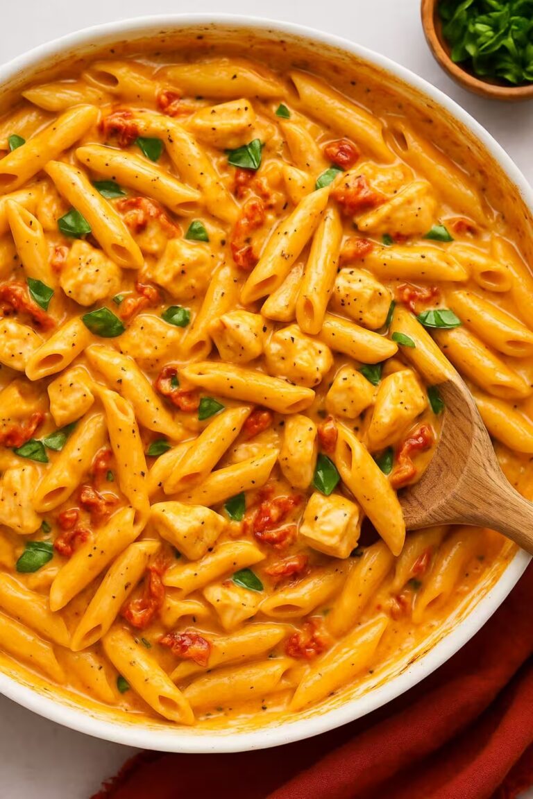 Creamy Marry Me Chicken Pasta with sun-dried tomatoes and herbs in a skillet.