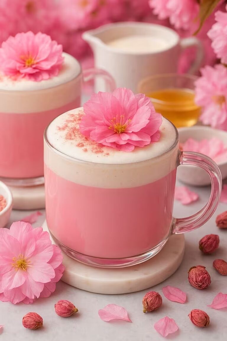 Aesthetic Sakura Latte topped with pink flower and foam, surrounded by cherry blossoms.