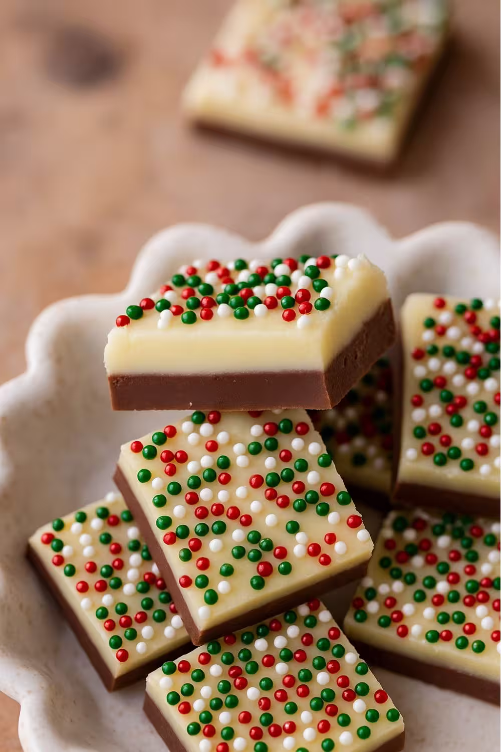 Festive Christmas fudge with chocolate and vanilla layers topped with red, green, and white sprinkles.