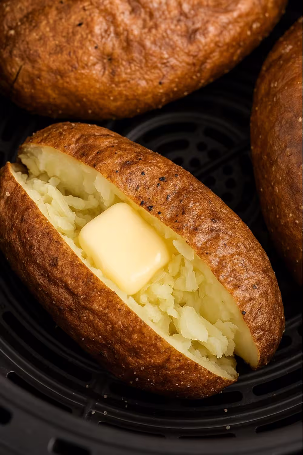 Close-up of a crispy air fryer baked potato split open with a pat of butter melting inside