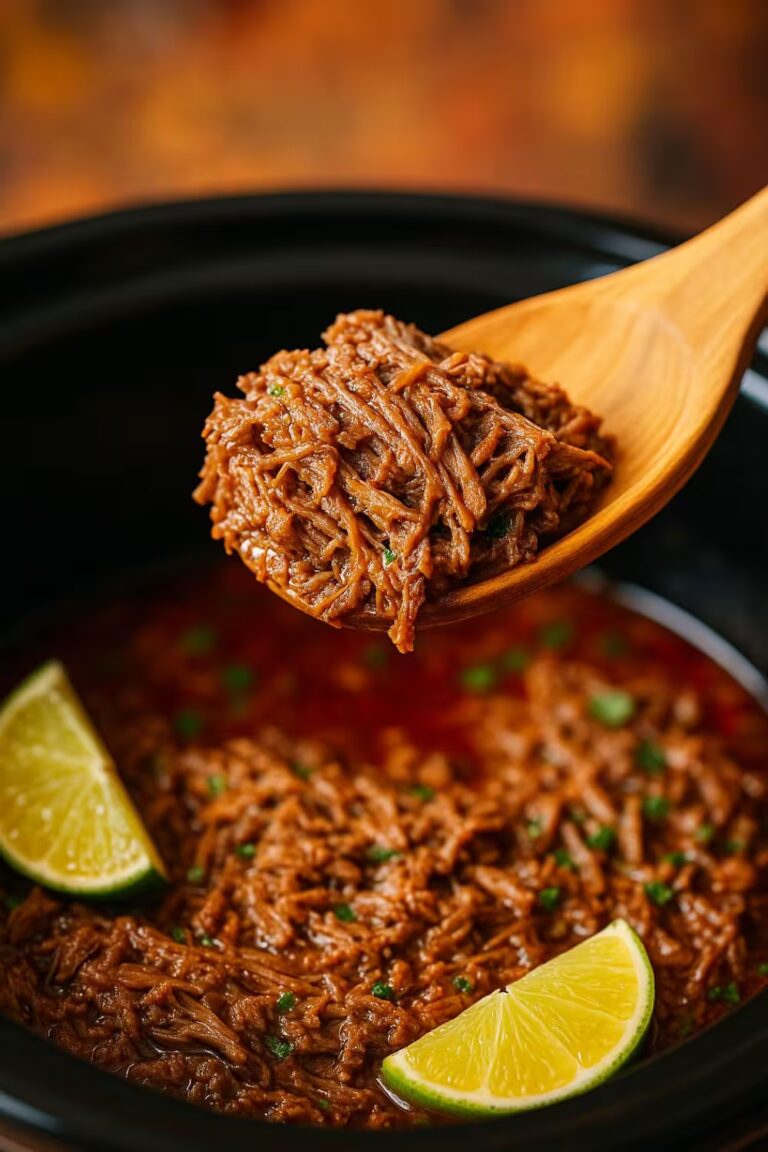 Close-up of shredded barbacoa beef on a wooden spoon, served from a slow cooker with lime wedges.