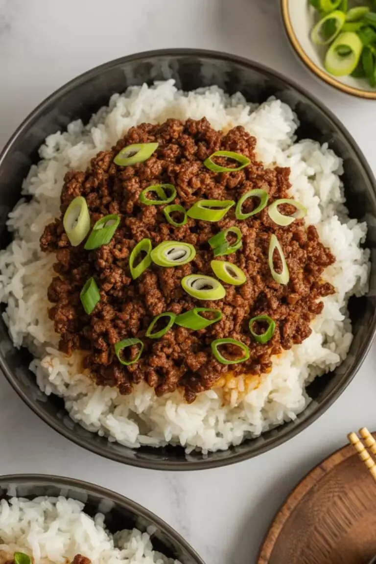 Korean-style ground beef served over white rice and topped with sliced green onions