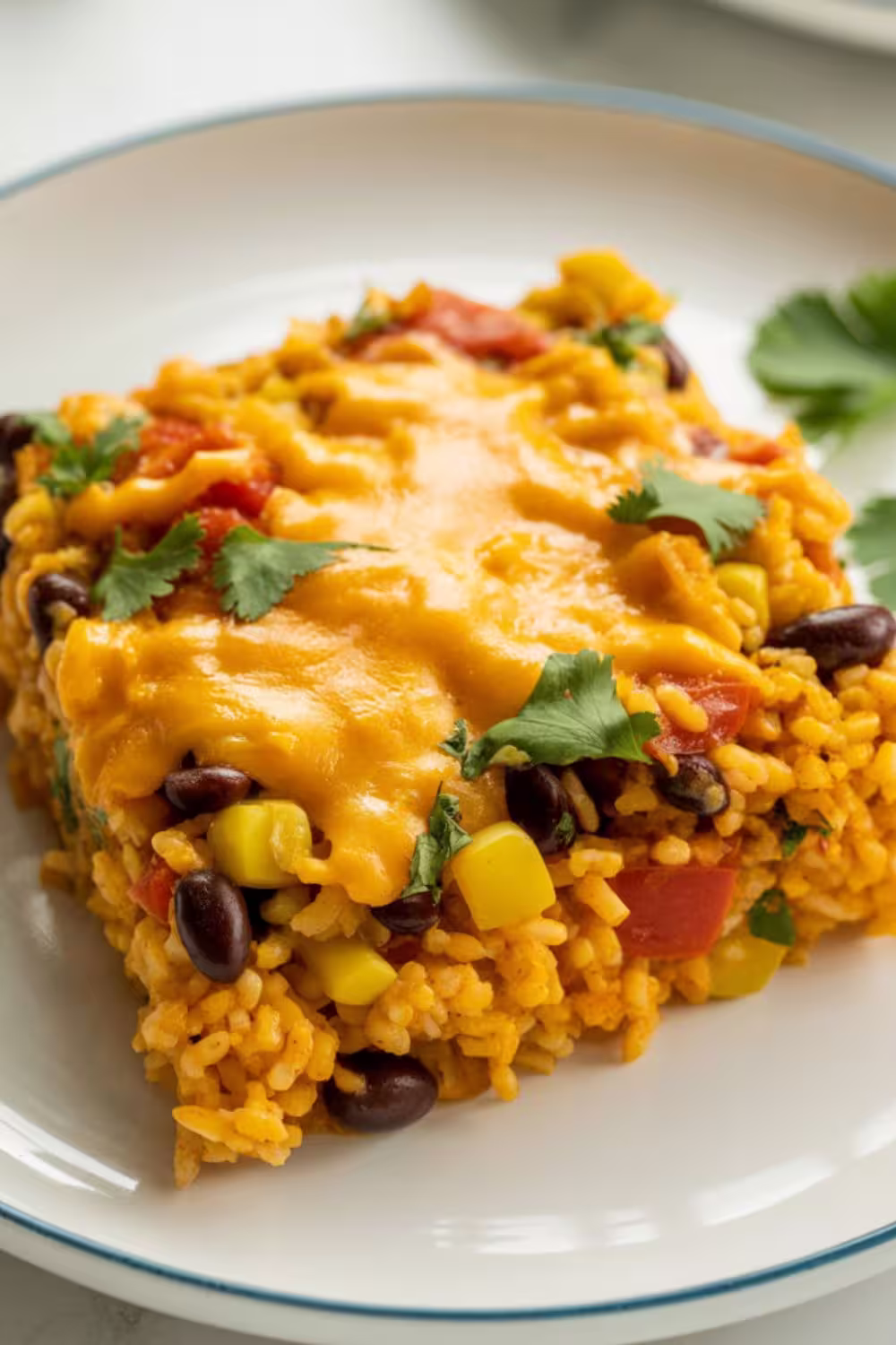 Cheesy beef enchilada casserole with black beans, corn, tomatoes, and rice served in a dish