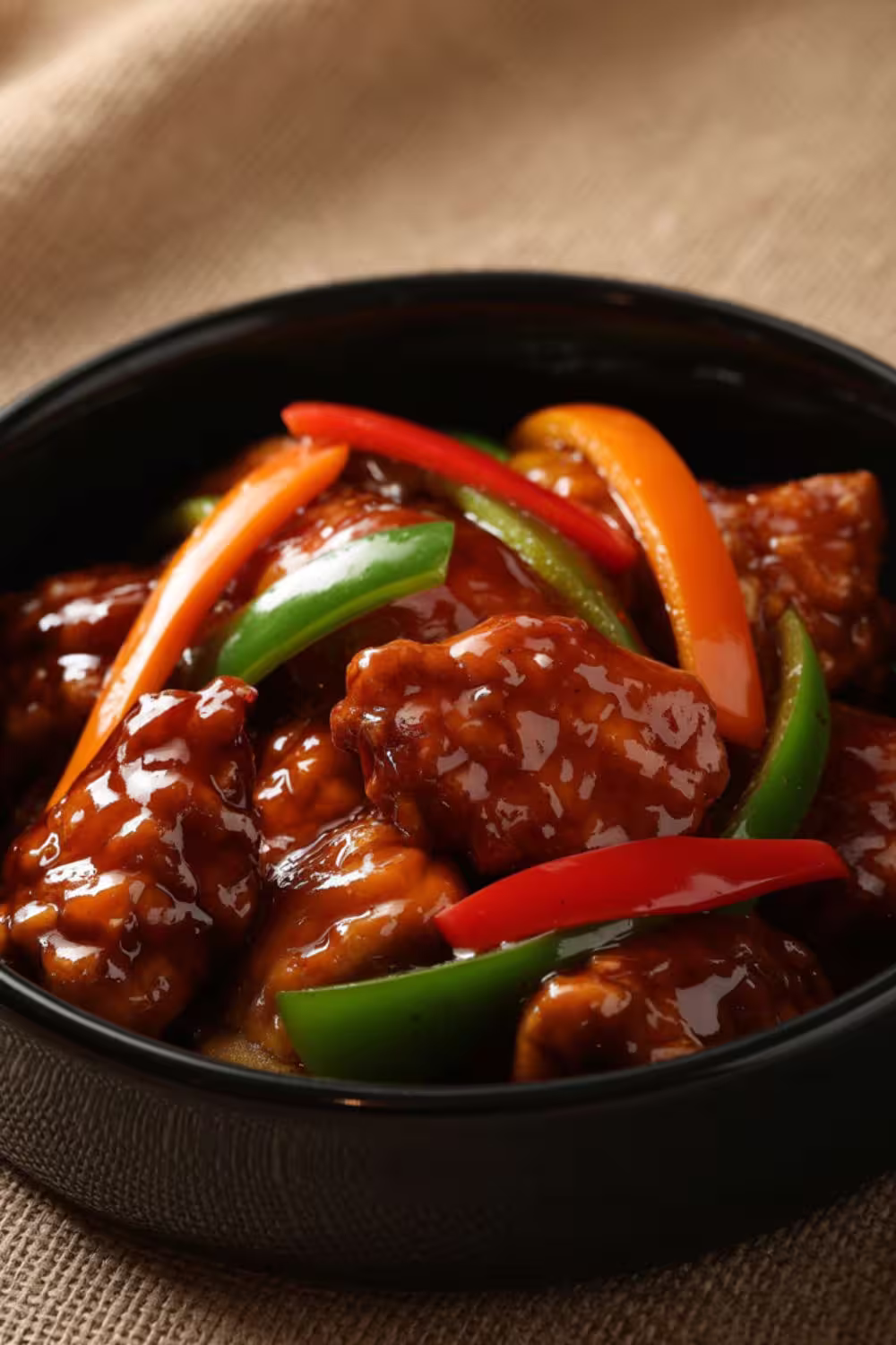 Crispy Beijing beef stir-fry with bell peppers and tangy sauce in a bowl