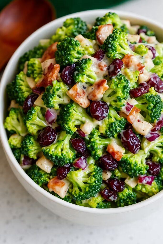 Creamy broccoli salad with bacon, cranberries, red onions, and almonds in a white bowl.